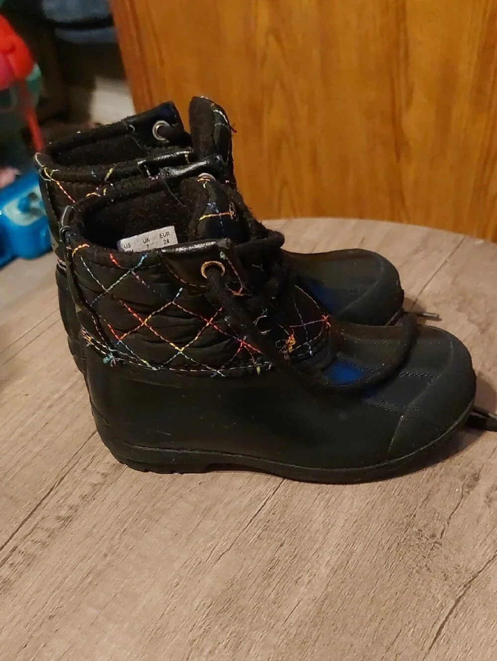 Sperry Black Kids Waterproof Duck Boots with Rainbow Stitching
